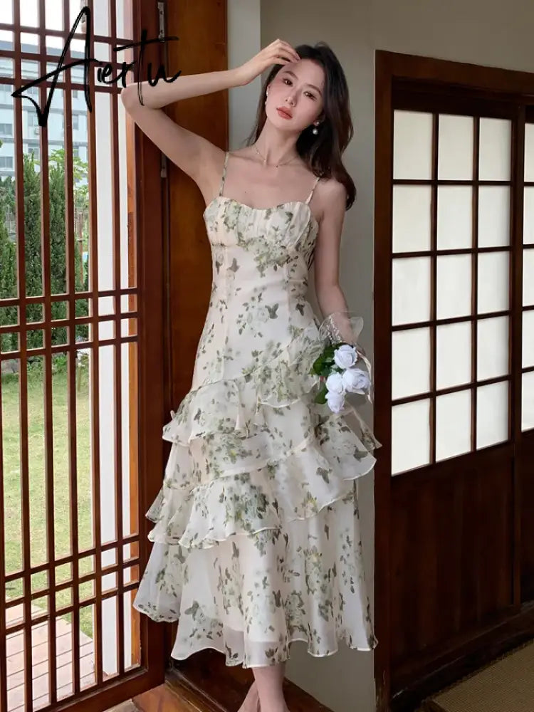 Aiertu Summer Floral Chiffon Midi-dresses Women Sleeveless Spaghetti Strap Backless Ruffle Dress Elegant Casual Party Ladies Dresses Aiertu