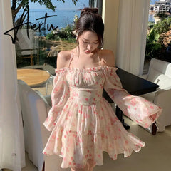 Aiertu Summer Floral Dress Women Slash Neck Female Long Sleeve Fairy Dress Off Shoulder Pink A-line Elegant Beach Short Dresses Aiertu