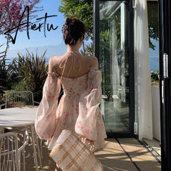Aiertu Summer Floral Dress Women Slash Neck Female Long Sleeve Fairy Dress Off Shoulder Pink A-line Elegant Beach Short Dresses Aiertu