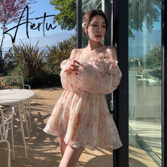Aiertu Summer Floral Dress Women Slash Neck Female Long Sleeve Fairy Dress Off Shoulder Pink A-line Elegant Beach Short Dresses Aiertu