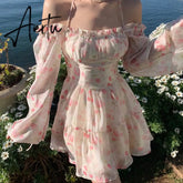 Aiertu Summer Floral Dress Women Slash Neck Female Long Sleeve Fairy Dress Off Shoulder Pink A-line Elegant Beach Short Dresses Aiertu