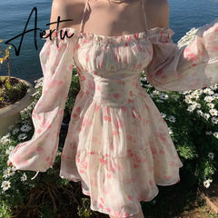 Aiertu Summer Floral Dress Women Slash Neck Female Long Sleeve Fairy Dress Off Shoulder Pink A-line Elegant Beach Short Dresses Aiertu