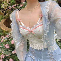 Aiertu Summer Floral Kawaii Halter Tops Women White Backless Sexy Beach Sweet Cute Tanks Lace Print Party Korean Fashion Clothing Aiertu