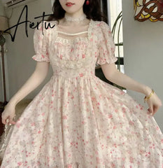 Aiertu Summer Floral Print Dress Women Lace Boho Kawaii Party Dress Female Casual Korean Fashion Holiday Lolita Elegant Midi Dress Aiertu