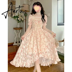 Aiertu Summer Floral Print Dress Women Lace Boho Kawaii Party Dress Female Casual Korean Fashion Holiday Lolita Elegant Midi Dress Aiertu
