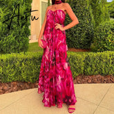 Aiertu Summer Floral Print Women Maxi Dress Elegant Pleated Slim Bohomian Party Dress Sexy Strapless Chiffon Holiday Long Dress Aiertu