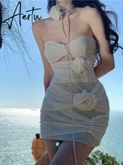 Aiertu Summer Floral Sexy Elegant Dress Women Ruffled France Party Mini Dress Female Backless Korean Fashion Designer Fairy Dress Aiertu
