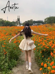 Aiertu Summer Floral Short Party Dress Women Casual Kawaii Clothing Y2k Mini Dress Office Lady Elegant One Piece Dress Korean Chic Aiertu
