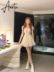 Aiertu Summer Floral Short Party Dress Women Casual Kawaii Clothing Y2k Mini Dress Office Lady Elegant One Piece Dress Korean Chic Aiertu