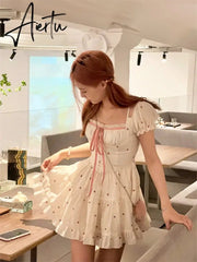 Aiertu Summer Floral Short Party Dress Women Casual Kawaii Clothing Y2k Mini Dress Office Lady Elegant One Piece Dress Korean Chic Aiertu