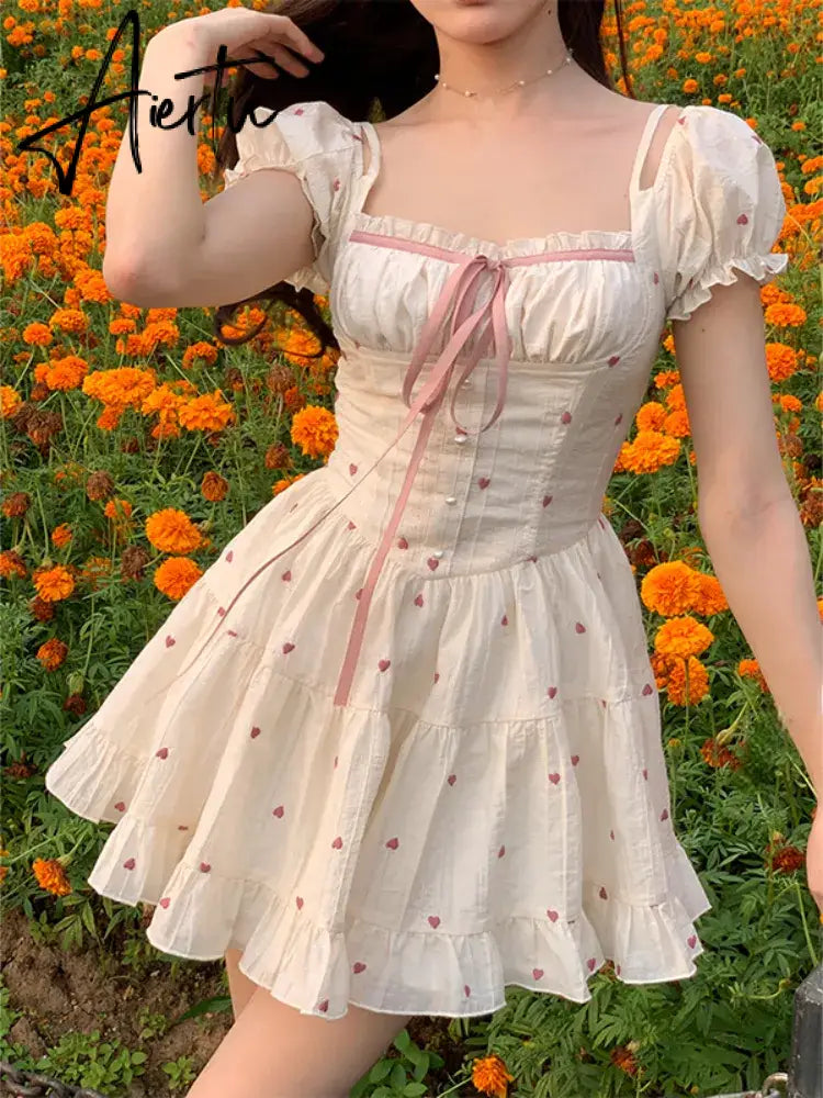 Aiertu Summer Floral Short Party Dress Women Casual Kawaii Clothing Y2k Mini Dress Office Lady Elegant One Piece Dress Korean Chic Aiertu