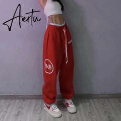 Aiertu Summer hip-hop Letter printing graphic sweatpants Red pants for women Y2K Harajuku high waist loose casual pants Trousers Aiertu