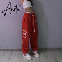 Aiertu Summer hip-hop Letter printing graphic sweatpants Red pants for women Y2K Harajuku high waist loose casual pants Trousers Aiertu