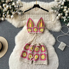 Aiertu Summer Hollow Out Beach Suits Women Strap Halter Sexy Top+Mini Shorts Fashion Floral Knitted Bohemian Two Pieces Sets Aiertu