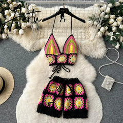 Aiertu Summer Hollow Out Beach Suits Women Strap Halter Sexy Top+Mini Shorts Fashion Floral Knitted Bohemian Two Pieces Sets Aiertu