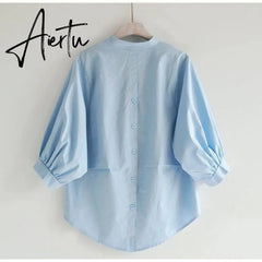 Aiertu Summer Korea Fashion Women White V-neck Shirt Lantern Sleeve Loose Blouses back split Button Shirts Ladies Tops Aiertu