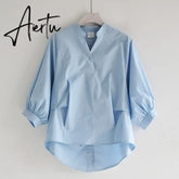 Aiertu Summer Korea Fashion Women White V-neck Shirt Lantern Sleeve Loose Blouses back split Button Shirts Ladies Tops Aiertu