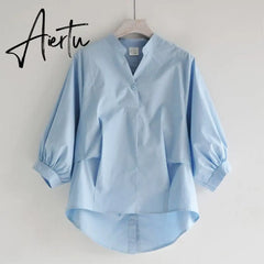 Aiertu Summer Korea Fashion Women White V-neck Shirt Lantern Sleeve Loose Blouses back split Button Shirts Ladies Tops Aiertu