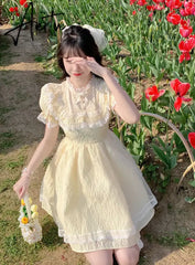 Aiertu Summer Lace Fairy Dress Women Patchwork Puff Sleeve Fluffy Sweet Mini Dress Female Korean Fashion Slim Fit Cute Party Dress Aiertu
