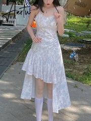 Aiertu Summer Lace Print Sweet Strap Dress Women Irregular Ruffle Flounce Cute Midi Dress Female Chiffon Glitter Elegant Dress Aiertu