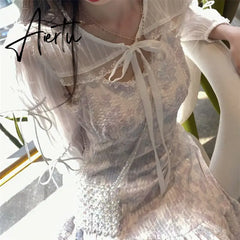Aiertu Summer Lace Print Sweet Strap Dress Women Irregular Ruffle Flounce Cute Midi Dress Female Chiffon Glitter Elegant Dress Aiertu