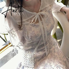 Aiertu Summer Lace Print Sweet Strap Dress Women Irregular Ruffle Flounce Cute Midi Dress Female Chiffon Glitter Elegant Dress Aiertu