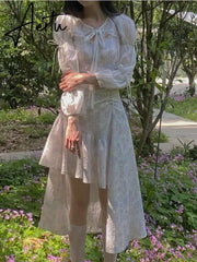 Aiertu Summer Lace Print Sweet Strap Dress Women Irregular Ruffle Flounce Cute Midi Dress Female Chiffon Glitter Elegant Dress Aiertu