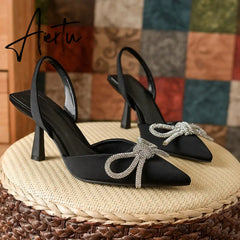 Aiertu Summer Ladies Elegant Slingback Shoes Fashion Crystal Bow-knot Women Sandal Thin High Heel Pointed Toe Mules Pumps Aiertu