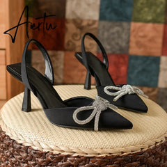 Aiertu Summer Ladies Elegant Slingback Shoes Fashion Crystal Bow-knot Women Sandal Thin High Heel Pointed Toe Mules Pumps Aiertu