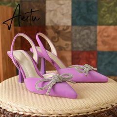 Aiertu Summer Ladies Elegant Slingback Shoes Fashion Crystal Bow-knot Women Sandal Thin High Heel Pointed Toe Mules Pumps Aiertu