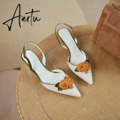 Aiertu Summer Lady Fashion High Heel Shoes Pointed Toe Dress Shoes Elegant Flower Closed Toe Party Summer Evening Party Sandals Aiertu