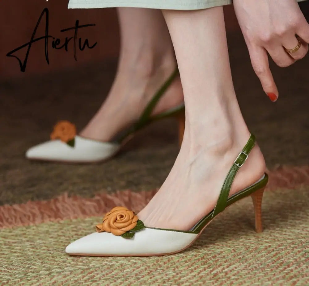 Aiertu Summer Lady Fashion High Heel Shoes Pointed Toe Dress Shoes Elegant Flower Closed Toe Party Summer Evening Party Sandals Aiertu