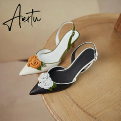 Aiertu Summer Lady Fashion High Heel Shoes Pointed Toe Dress Shoes Elegant Flower Closed Toe Party Summer Evening Party Sandals Aiertu