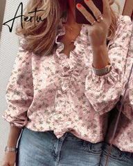 Aiertu Summer Long Sleeve Ruffle Blouse Shirts Elegant Sleeveless Letter Print Lady Slim Short Sleeve Blouses Women V-Neck Tops Aiertu
