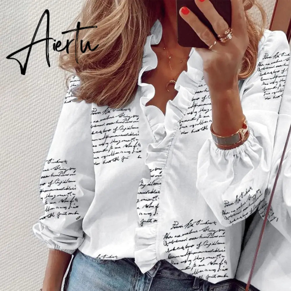 Aiertu Summer Long Sleeve Ruffle Blouse Shirts Elegant Sleeveless Letter Print Lady Slim Short Sleeve Blouses Women V-Neck Tops Aiertu