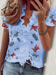 Aiertu Summer Long Sleeve Ruffle Blouse Shirts Elegant Sleeveless Letter Print Lady Slim Short Sleeve Blouses Women V-Neck Tops Aiertu