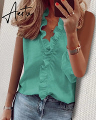 Aiertu Summer Long Sleeve Ruffle Blouse Shirts Elegant Sleeveless Letter Print Lady Slim Short Sleeve Blouses Women V-Neck Tops Aiertu