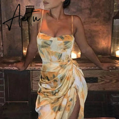 Aiertu Summer Loose Dress Fashion Women Strappy Backless Sexy Cotton S With Slit Slip Yellow Midi With Floral Pattern Sleeveless Aiertu
