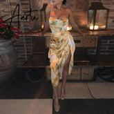 Aiertu Summer Loose Dress Fashion Women Strappy Backless Sexy Cotton S With Slit Slip Yellow Midi With Floral Pattern Sleeveless Aiertu