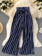 Aiertu Summer New Fashion All-match Women's Casual Pants Retro Striped Color Slim Long Slit Wide Leg Pants DK1053 Aiertu