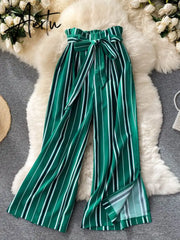 Aiertu Summer New Fashion All-match Women's Casual Pants Retro Striped Color Slim Long Slit Wide Leg Pants DK1053 Aiertu