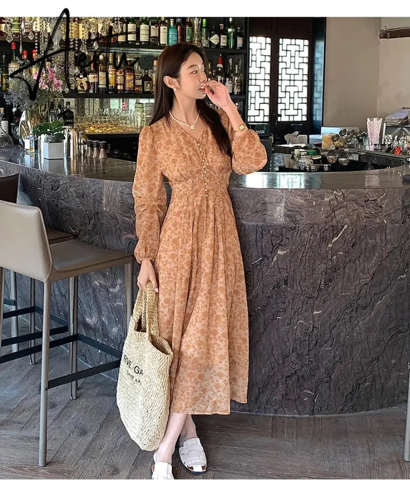 Aiertu Summer New Fashion French Women Dresses Vintage Floral Chiffon Dress Female High Waist Simple V-neck Long Sleeve Dress Aiertu