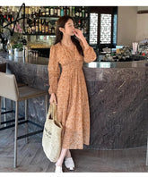 Aiertu Summer New Fashion French Women Dresses Vintage Floral Chiffon Dress Female High Waist Simple V-neck Long Sleeve Dress Aiertu