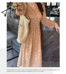 Aiertu Summer New Fashion French Women Dresses Vintage Floral Chiffon Dress Female High Waist Simple V-neck Long Sleeve Dress Aiertu