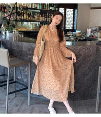 Aiertu Summer New Fashion French Women Dresses Vintage Floral Chiffon Dress Female High Waist Simple V-neck Long Sleeve Dress Aiertu
