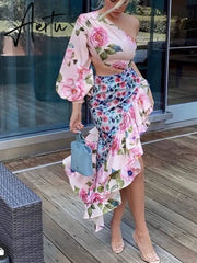 Aiertu Summer New Ladies Fashion Tube Top Single Sleeve + Waist Splicing Skirt Sexy Elegant Ladies Asymmetric Skirt Suit Aiertu
