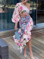 Aiertu Summer New Ladies Fashion Tube Top Single Sleeve + Waist Splicing Skirt Sexy Elegant Ladies Asymmetric Skirt Suit Aiertu