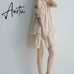 Aiertu Summer New Party Dress Women Elegant Luxury Korean Fashion Solid Ruffled Mini Evening Dress Casual Chiffon Loose Female Clothing Aiertu