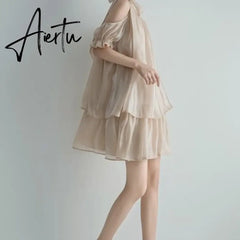 Aiertu Summer New Party Dress Women Elegant Luxury Korean Fashion Solid Ruffled Mini Evening Dress Casual Chiffon Loose Female Clothing Aiertu