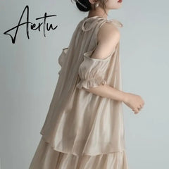 Aiertu Summer New Party Dress Women Elegant Luxury Korean Fashion Solid Ruffled Mini Evening Dress Casual Chiffon Loose Female Clothing Aiertu